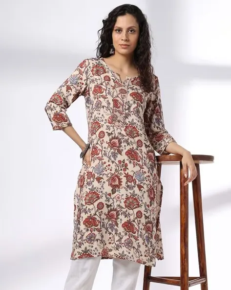 473Wx593H-443074977-beige-MODEL.webp Women Floral Print Straight Kurta - Image 1