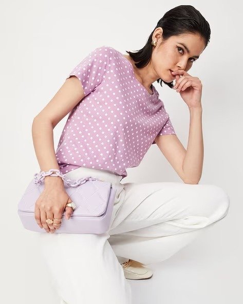 473Wx593H-465831082-lavender-MO-1.jpg Women Polka-Dot Relaxed Fit Crew-Neck T-Shirt - Image 1